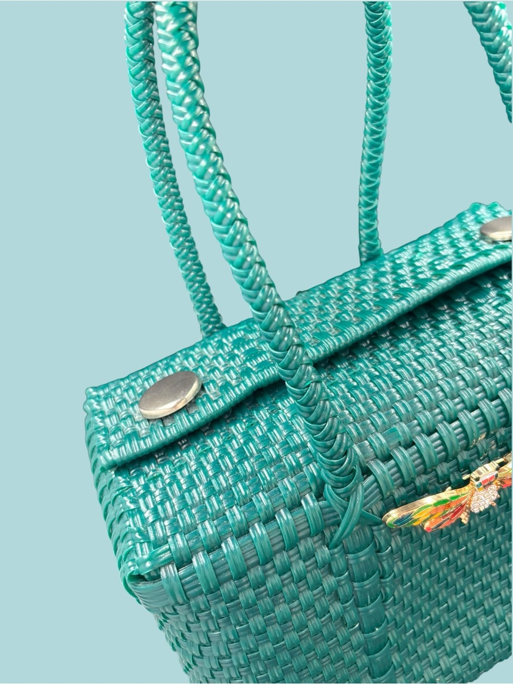 Emerald Green Woven Basket Handbag with Colorful Moth Accent - Picture 5 of 8